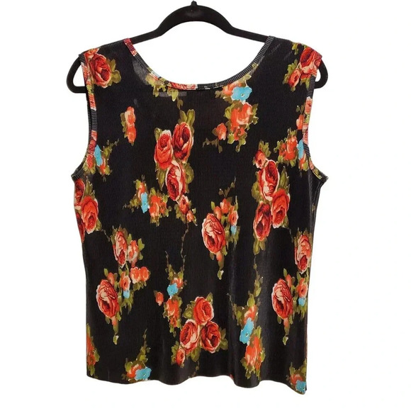 Vintage 90s Y2K CDW Black Red Floral Pleated Sleeveless Shell Blouse Top L - Picture 2 of 13